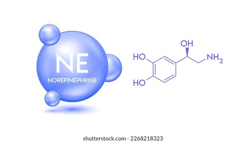 Modelo de norepinefrina fórmula química azul y estructural. Icono de símbolo 3D aislado en fondo blanco. Hormona en el cerebro. Conceptos científicos médicos. EPS10 vectores.
