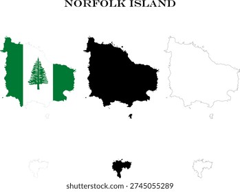 Norfolk Island Map Bundle with Flag, Black Silhouette and Detailed Outline Contours