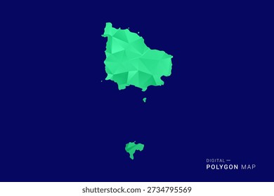 Mapa de la isla de Norfolk: Vector de polígono bajo, silueta triangulada geométrica en tonos verdes y azules, estilo moderno limpio, fondo aislado para uso infográfico.