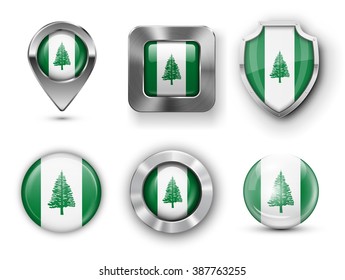 Norfolk Island Metal and Glass Flag Badges, Buttons, Map marker pin and Shields. Vector illustrations