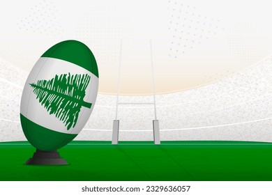 Norfolk Island national team rugby ball on rugby stadium and goal posts, preparing for a penalty or free kick. Vector illustration.