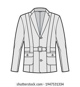Norfolk jacket technical fashion illustration with belt, oversized, long sleeves, notched collar, button opening. Flat coat template front, grey color style. Women, men, unisex top CAD mockup
