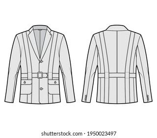 Norfolk jacket technical fashion illustration with belt, oversized, long sleeves, notched collar, button opening. Flat coat template front, back, grey color style. Women, men, unisex top CAD mockup