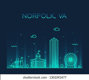 Norfolk skyline, Virginia, USA. Trendy vector illustration, linear style