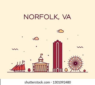 Norfolk skyline, Virginia, USA. Trendy vector illustration, linear style