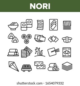 Nori Seaweed Asia Food Collection Icons Set Vector. Nori For Sushi And Rolls, Soup And Seafood, Heap Of Seafood, Package And Chopsticks Concept Linear Pictograms. Monochrome Contour Illustrations