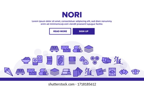 Nori Seaweed Asia Food Landing Web Page Header Banner Template Vector. Nori For Sushi And Rolls, Soup And Seafood, Heap Of Seafood, Package And Chopsticks Illustration