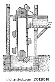 Noria, con cubos unidos, ilustración vintage grabada. Diccionario de Palabras y Cosas - Larive y Fleury - 1895