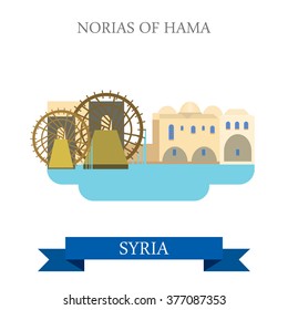 Norias of Hama in Syria. Flat cartoon style historic sight showplace attraction web site vector illustration. World countries cities vacation travel sightseeing Asia collection.