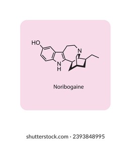 Noribogaine molecular structure, skeletal formula diagram on pink background. Scientific EPS10 vector illustration.