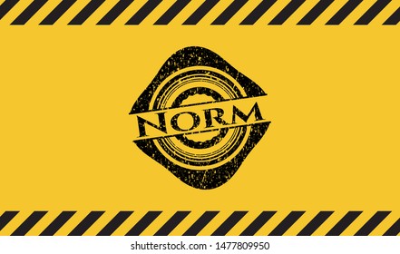 Norm grunge black emblem with yellow background, warning sign. Vector Illustration. Detailed.