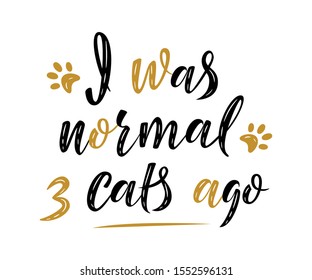 I was normal 3 cats ago handwritten sign. Modern brush lettering. Cute slogan about cat. Cat lover. Textured phrase for poster design, card, t-shirt print or mug print. Vector isolated illustration