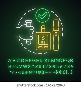 Normal blood sugar level neon light concept icon. Healthy lifestyle idea. Glowing sign with alphabet, numbers and symbols. Diabetes treatment. Glucometer and insulin pen vector isolated illustration