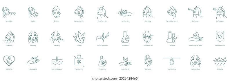 Normal, Dry, Oily, Combination Skin, Acne-Prone Skin, Sensitive Skin, Anti-Aging, Pigmentation Control, Sun Exposure, UV Protection, Moisturizing, Cleansing, Smoking vector icon set