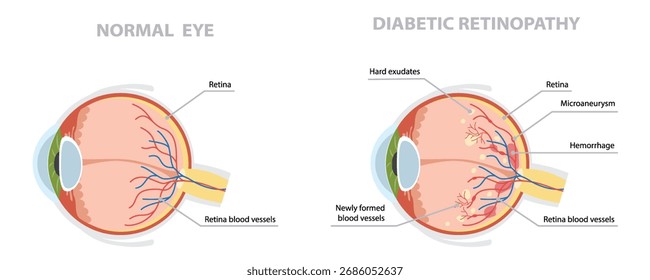 Olho normal e um afetado por retinopatia diabética. Ilustração de vetor plano educacional da ciência médica.