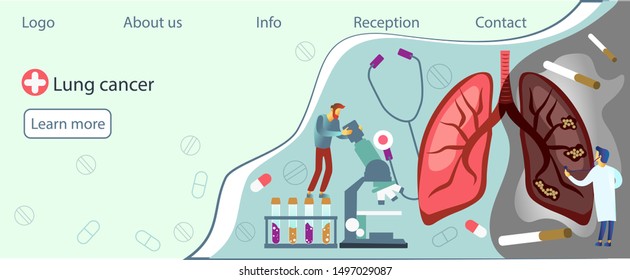 Normal lung vs Lung cancer (main causes of smoking). Website vibrant 
blue landing web page template.