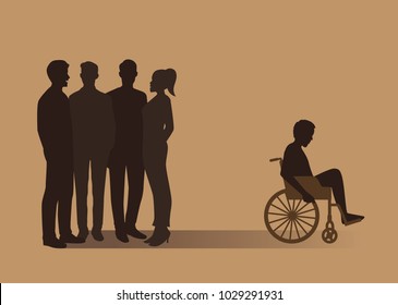 Normal people group gossip about disabled man in a wheelchair. Illustration about desertion from bad society.