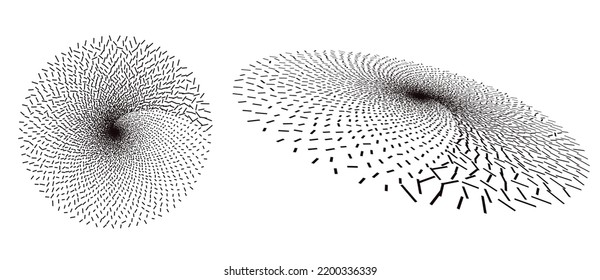 Normal and perspective view to abstract circle with chaotic particles. Spiral illustration on white background.