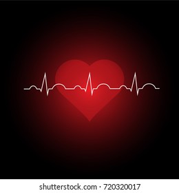 Normal Sinus Rhythn ECG Graph and Red Heart on Black Background Vector Illustration
