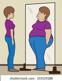 Normal sized woman sees herself as obese in mirror