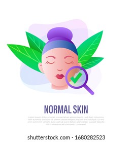 Normal skin symbol. Gradient icon: check mark under magnifying glass on girl's face. Skin care, moisturizer or cream. Vector illustration.
