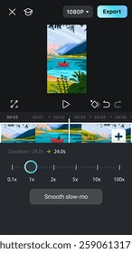 Normal Speed Settings in application for Video Edit. Velocity effects.  Working on a project.  Vertical format in minimalistic style. Mobile Video Interface