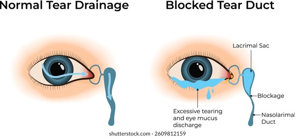 Normal Tear Drainage vs Blocked Tear Duct Vector Illustration