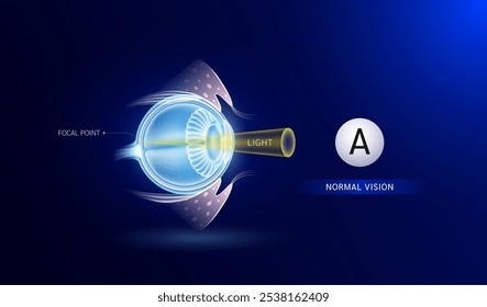 Visión normal. Visión clara de los objetos. Anatomía del sistema del globo ocular humano sobre fondo azul. Diagnóstico de ciencia médica. Vector 10.