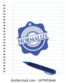 Normalize emblem with pen effect. Blue ink. Vector Illustration. Detailed.