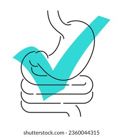 Normalizing of functionality of stomach digestive tract. Intestine and check mark - Vector flat label