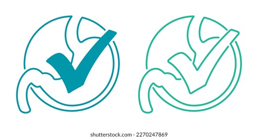 Normalizing of stomach digestive tract. Intestine and check mark - Vector flat label