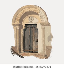 Norman Doorway, vintage architecture illustration painted by the follower of John Sell Cotman, vintage vector element. Architecture illustration vector. Vintage exterior architecture art drawing.