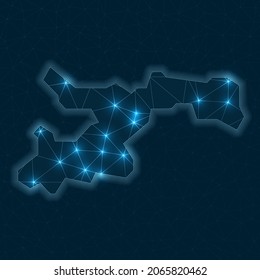 Mapa de la red de la isla Norman. Mapa geométrico abstracto de la isla. Conexiones digitales y diseño de telecomunicaciones. Red de Internet brillante. Ilustración vectorial atractiva.