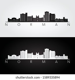 Norman, Oklahoma USA skyline and landmarks silhouette, black and white design, vector illustration.