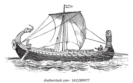 Norman ship from Bayeux Tapestry built in the traditional Viking style, vintage line drawing or engraving illustration.