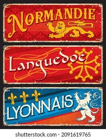 Normandie, Languedoc and lyonnais regions of France, vector vintage cards and stickers. Retro travel tin signs or old welcome posters and postcards souvenirs from France destination, metal plaques