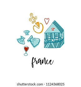Normandy cartoon hand drawn illustration. Cute Travel concept