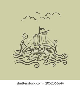 Normans drakkar. Viking transport ship. Vector Illustration. 