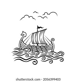 Normans drakkar. Viking transport ship. Vector Illustration. 