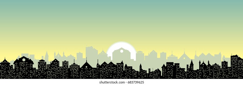 Norning sky and sunrise vector cityscape vector illustration. Beautiful skyline and city lights
