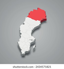 Norrbotten county highlighted in red on a grey Sweden 3d map