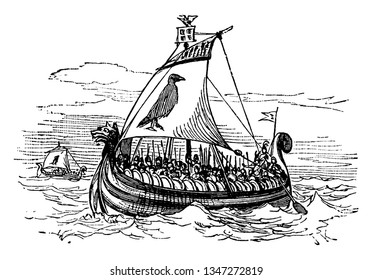 Norse Galley is an ancient ship which can be propelled entirely by human oarsmen used for warfare and trade, vintage line drawing or engraving illustration.