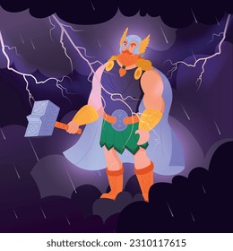 Norse god composition of rainy clouds background with thunderstorms and cartoon style character of mythical god vector illustration