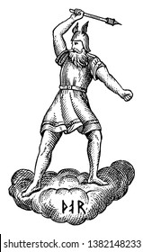 The Norse god of thunder, Thor, is flinging his hammer and standing on a cloud. He is wearing a short, belted tunic and his traditional winged helmet, vintage line drawing or engraving illustration.