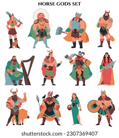 Norse gods color set with isolated cartoon style characters of ancient mythical creatures on blank background vector illustration