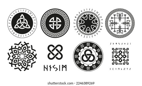 Norse runic logo. Scandinavian pagan esoteric religion symbols, viking protection rune triquetra yggdrasil vegvisir futhark valknut icons. Vector nordic set of esoteric ancient and gothic illustration