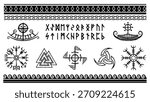  Norse Viking symbol set with Elder Futhark runes, hand drawn lines, ancient ornaments, ships and protective signs. Tribal Scandinavian icons for mythic design, history themes and tattoo style graphic