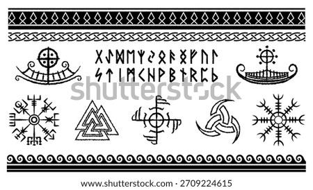  Norse Viking symbol set with Elder Futhark runes, hand drawn lines, ancient ornaments, ships and protective signs. Tribal Scandinavian icons for mythic design, history themes and tattoo style graphic