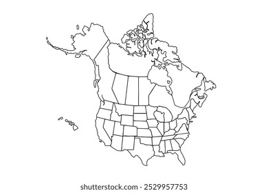 Nordamerika Kontinent Umrisskarte mit Landesgrenze. Handgezeichnete Illustration.line art Vektorgrafik, Linie Zeichnung Karte.