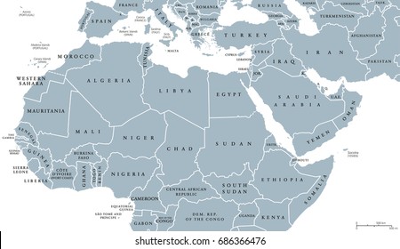 North Africa and Middle East political map with countries and borders. English labeling. Maghreb, Mediterranean, West and Central Asian countries. Gray illustration on white background. Vector.
